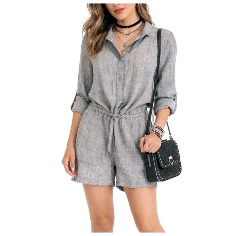 LEVEL 99 Anthropologie Size XS Gray Chambray Linen Tencel Long‎ Sleeve Romper